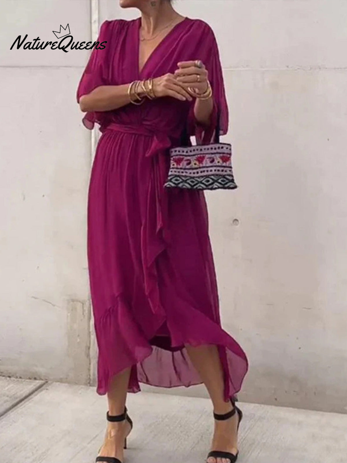 Women's Solid Color V-Neck Batwing Sleeve Casual Tie-up Ruffled Flowing Chiffon Dress