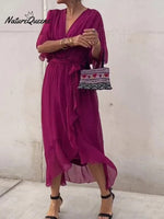 Women's Solid Color V-Neck Batwing Sleeve Casual Tie-up Ruffled Flowing Chiffon Dress