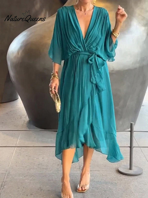 Women's Solid Color V-Neck Batwing Sleeve Casual Tie-up Ruffled Flowing Chiffon Dress