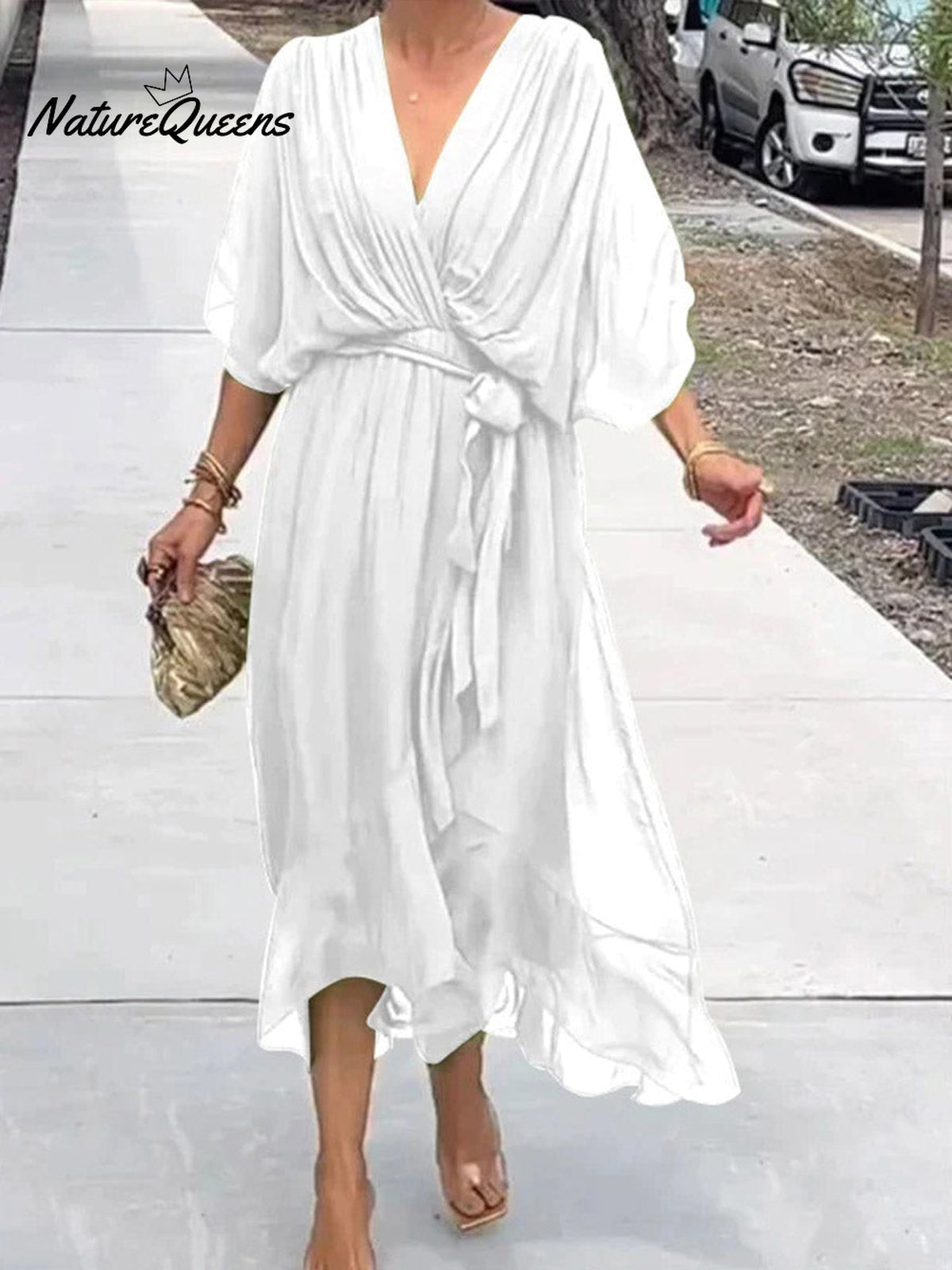 Women's Solid Color V-Neck Batwing Sleeve Casual Tie-up Ruffled Flowing Chiffon Dress