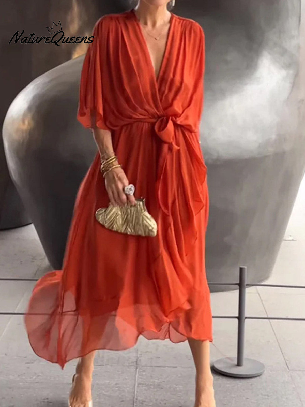 Women's Solid Color V-Neck Batwing Sleeve Casual Tie-up Ruffled Flowing Chiffon Dress