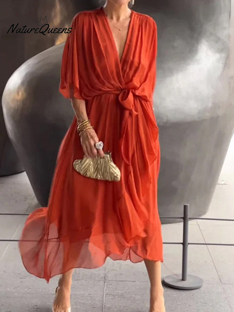 Women's Solid Color V-Neck Batwing Sleeve Casual Tie-up Ruffled Flowing Chiffon Dress