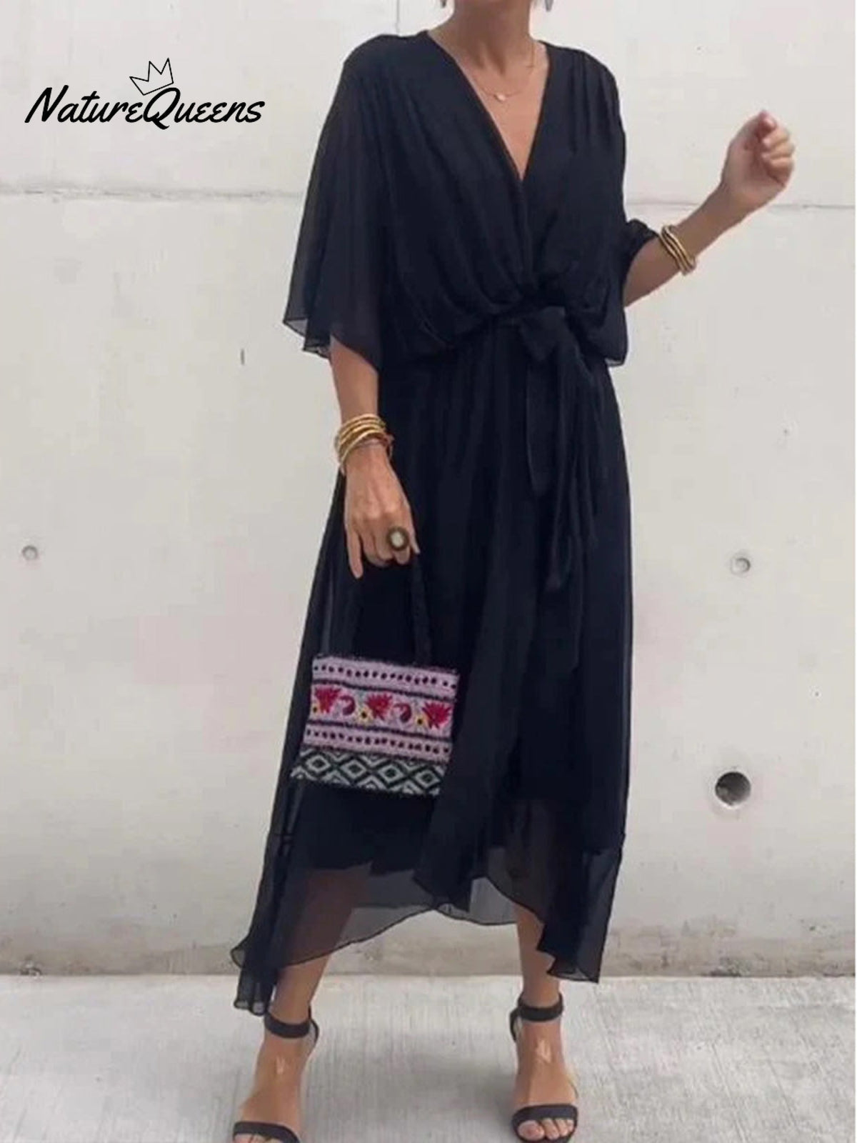 Women's Solid Color V-Neck Batwing Sleeve Casual Tie-up Ruffled Flowing Chiffon Dress