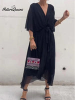 Women's Solid Color V-Neck Batwing Sleeve Casual Tie-up Ruffled Flowing Chiffon Dress