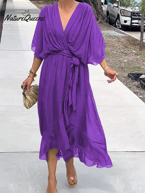 Women's Solid Color V-Neck Batwing Sleeve Casual Tie-up Ruffled Flowing Chiffon Dress