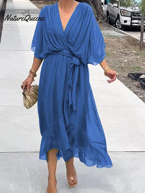 Women's Solid Color V-Neck Batwing Sleeve Casual Tie-up Ruffled Flowing Chiffon Dress