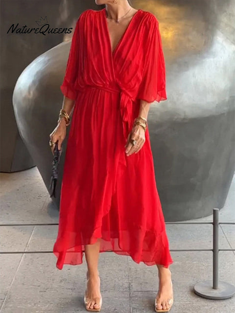 Women's Solid Color V-Neck Batwing Sleeve Casual Tie-up Ruffled Flowing Chiffon Dress