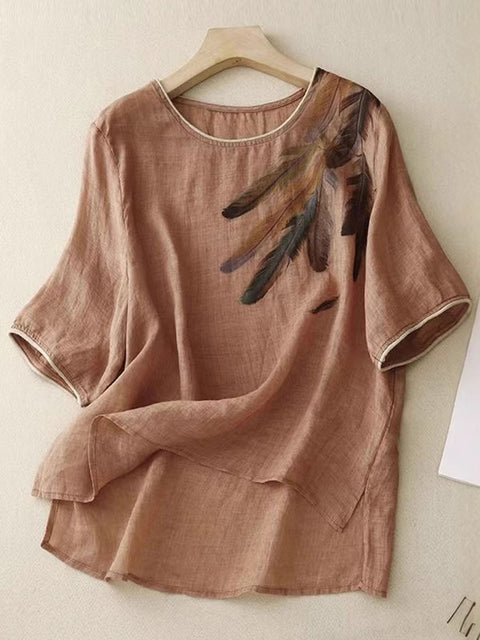 Women's Round Neck Short Sleeve Positioning Printed Casual Cotton and Linen Top