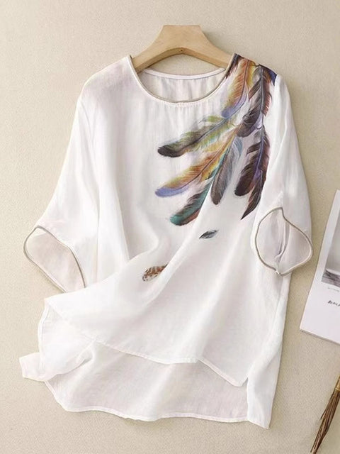 Women's Round Neck Short Sleeve Positioning Printed Casual Cotton and Linen Top