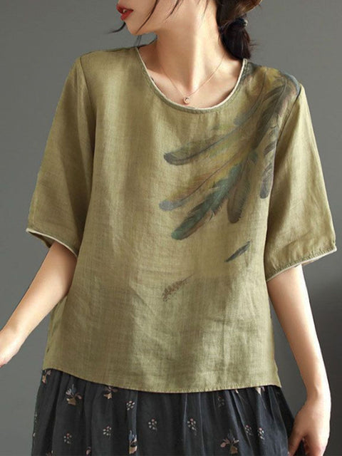 Women's Round Neck Short Sleeve Positioning Printed Casual Cotton and Linen Top