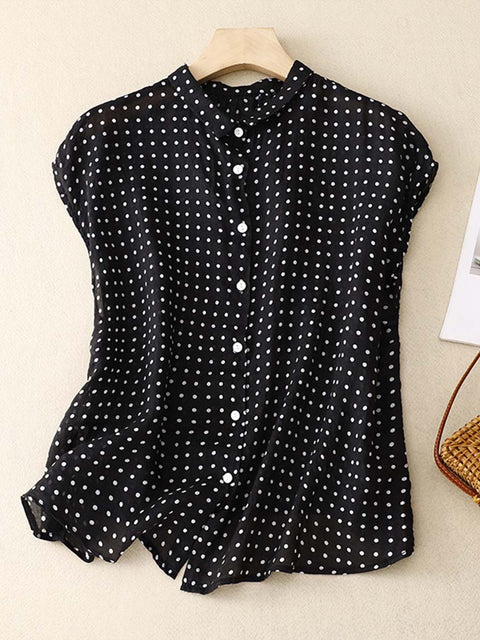 Women's Shirt Collar Sleeveless Polka Dot Print Casual Cotton and Linen Top