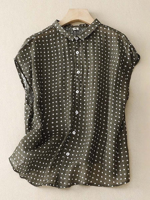 Women's Shirt Collar Sleeveless Polka Dot Print Casual Cotton and Linen Top