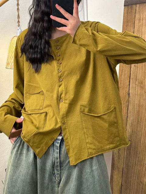 Women's Round Neck Long Sleeve Solid Color Casual Loose Cotton and Linen Shirt