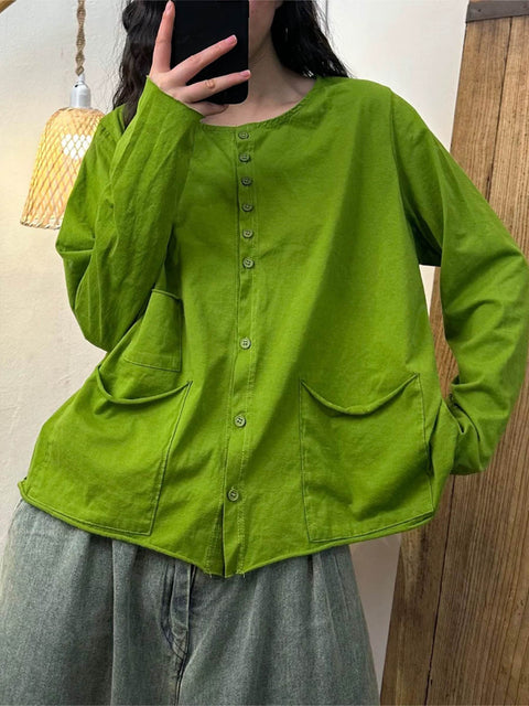 Women's Round Neck Long Sleeve Solid Color Casual Loose Cotton and Linen Shirt