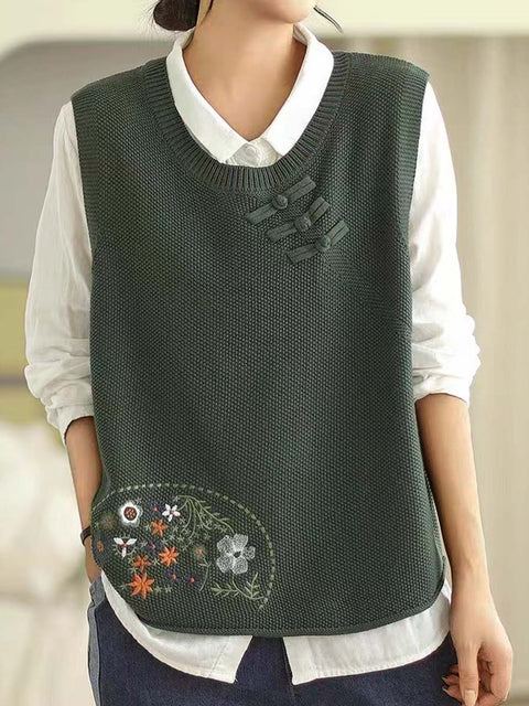 Women's Round Neck Sleeveless Positioning Embroidery Button-Decorated Vest Sweater