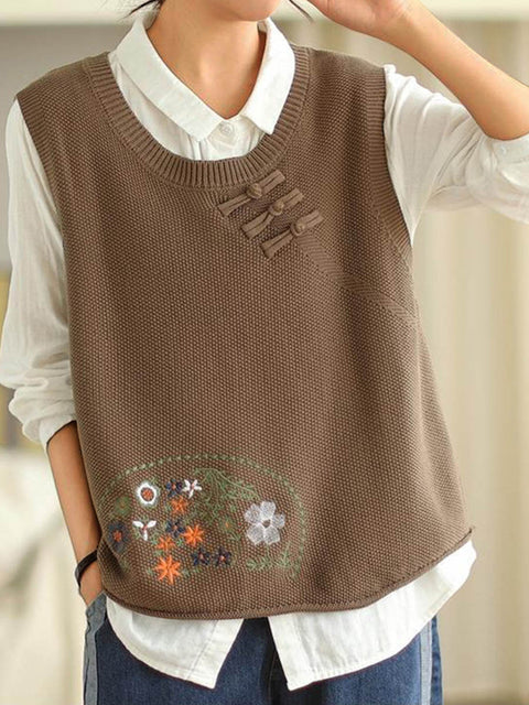 Women's Round Neck Sleeveless Positioning Embroidery Button-Decorated Vest Sweater