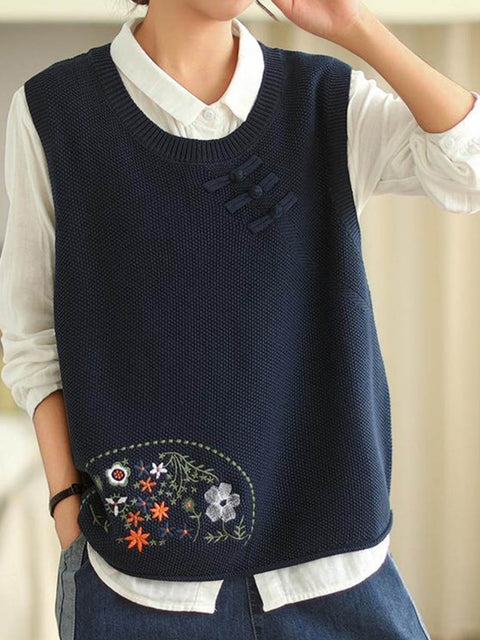 Women's Round Neck Sleeveless Positioning Embroidery Button-Decorated Vest Sweater