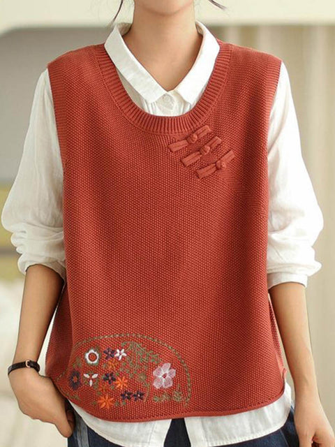 Women's Round Neck Sleeveless Positioning Embroidery Button-Decorated Vest Sweater
