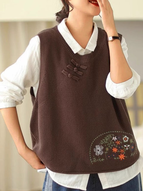 Women's Round Neck Sleeveless Positioning Embroidery Button-Decorated Vest Sweater