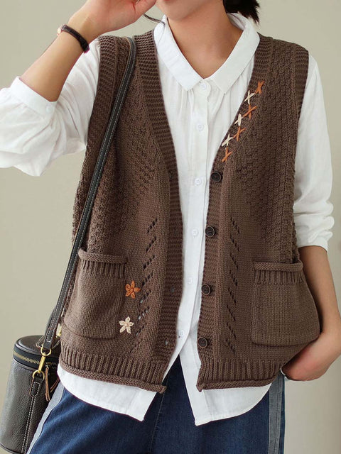 Women's V-neck Sleeveless Solid Color Cardigan Knitted Vest