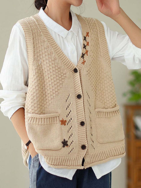 Women's V-neck Sleeveless Solid Color Cardigan Knitted Vest