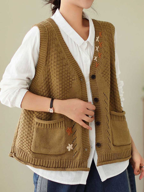 Women's V-neck Sleeveless Solid Color Cardigan Knitted Vest