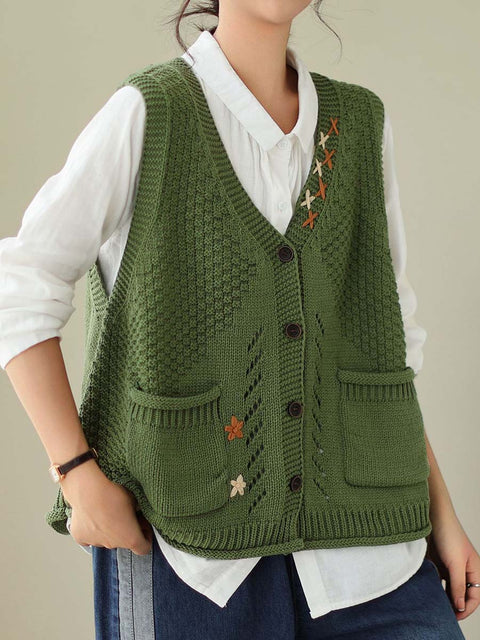 Women's V-neck Sleeveless Solid Color Cardigan Knitted Vest