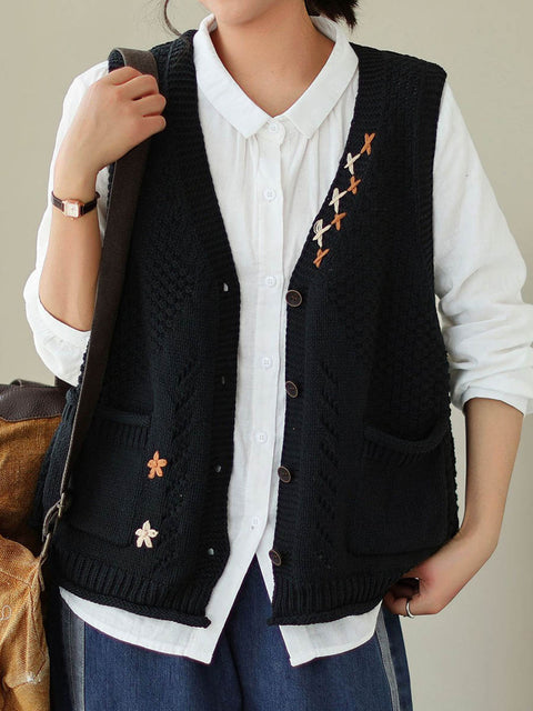 Women's V-neck Sleeveless Solid Color Cardigan Knitted Vest