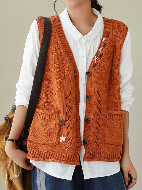 Women's V-neck Sleeveless Solid Color Cardigan Knitted Vest