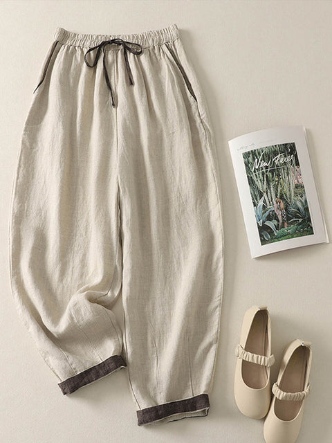 Women's Elastic Waist Contrast Color Trim Casual Cotton And Linen Cropped Pants