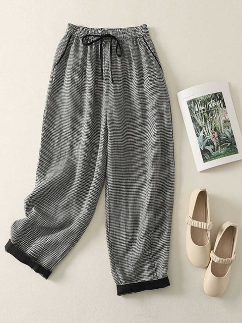 Women's Elastic Waist Check Print Casual Cotton and Linen Cropped Pants