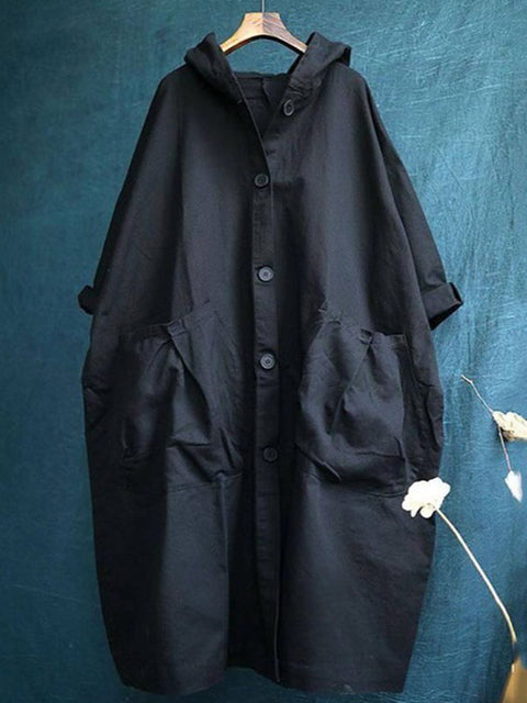 Women's Solid Color Long Sleeve Hooded Cardigan Casual Pocket Cotton Trench Coat