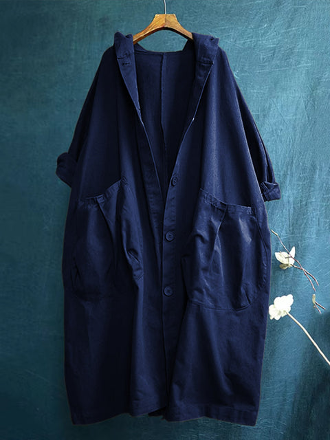 Women's Solid Color Long Sleeve Hooded Cardigan Casual Pocket Cotton Trench Coat