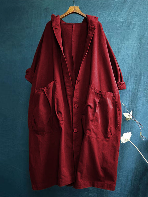 Women's Solid Color Long Sleeve Hooded Cardigan Casual Pocket Cotton Trench Coat
