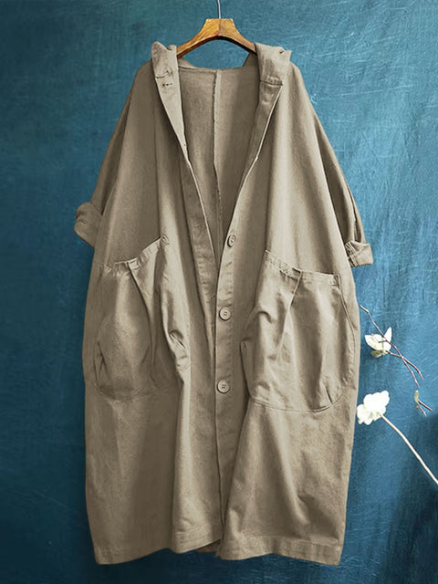 Women's Solid Color Long Sleeve Hooded Cardigan Casual Pocket Cotton Trench Coat