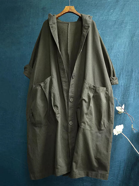Women's Solid Color Long Sleeve Hooded Cardigan Casual Pocket Cotton Trench Coat