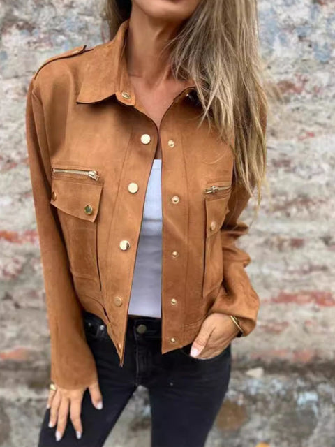 Women's Solid Color Lapel Long Sleeve Casual Loose Suede Jacket