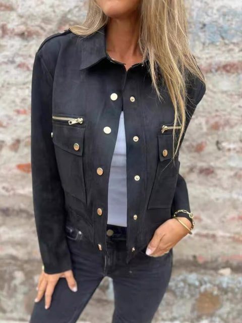 Women's Solid Color Lapel Long Sleeve Casual Loose Suede Jacket