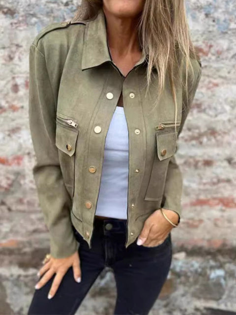 Women's Solid Color Lapel Long Sleeve Casual Loose Suede Jacket