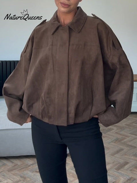 Women's Solid Color Lapel Long Sleeve Casual Loose Suede Jacket