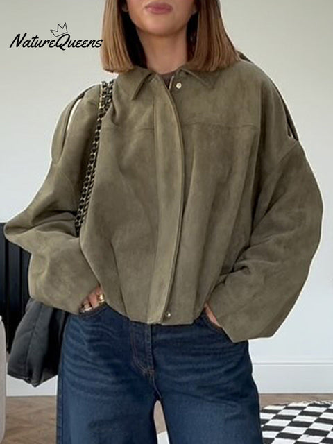 Women's Solid Color Lapel Long Sleeve Casual Loose Suede Jacket