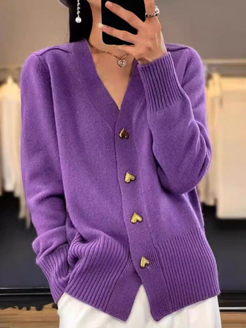 Women's Solid Color V-Neck Long Sleeve Casual Loose Cardigan Sweater