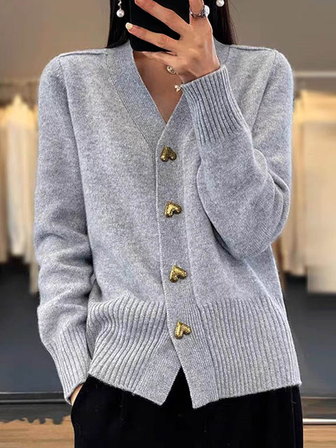 Women's Solid Color V-Neck Long Sleeve Casual Loose Cardigan Sweater