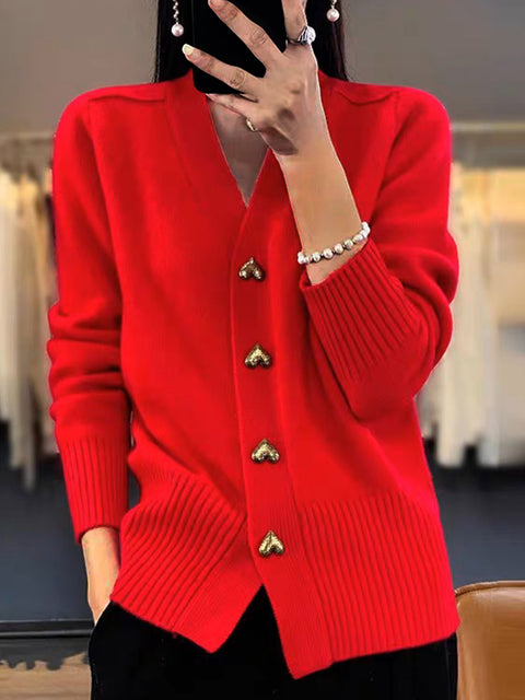 Women's Solid Color V-Neck Long Sleeve Casual Loose Cardigan Sweater