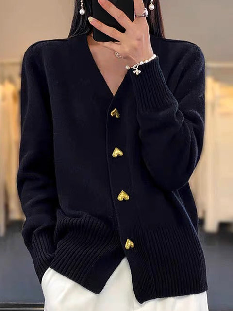 Women's Solid Color V-Neck Long Sleeve Casual Loose Cardigan Sweater