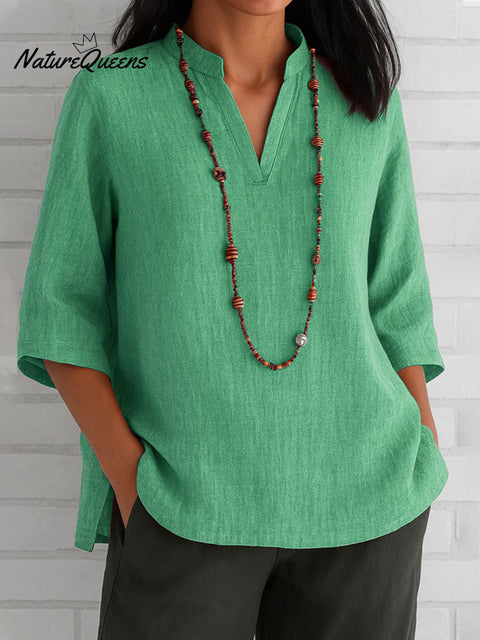 Women's Solid Color V-Neck 3/4 Sleeve Casual Loose Cotton and Linen Top
