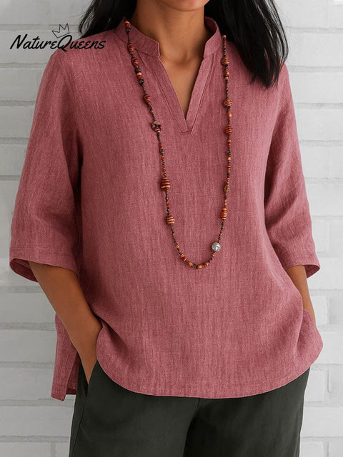 Women's Solid Color V-Neck 3/4 Sleeve Casual Loose Cotton and Linen Top