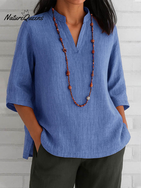 Women's Solid Color V-Neck 3/4 Sleeve Casual Loose Cotton and Linen Top