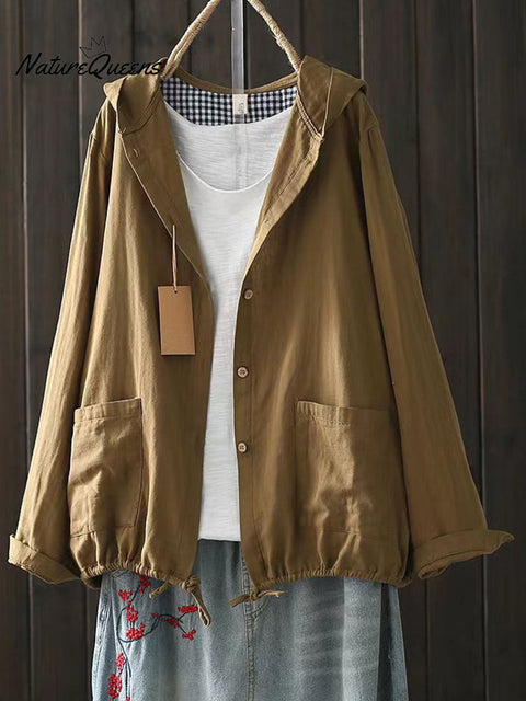 Women's Solid Color Long Sleeve Casual Cotton and Linen Hooded Cardigan