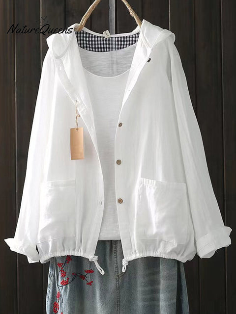 Women's Solid Color Long Sleeve Casual Cotton and Linen Hooded Cardigan